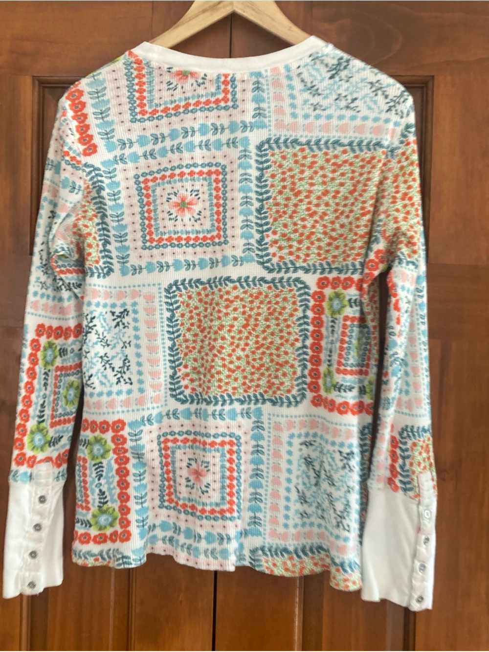 Sundance Multi-Color Patchwork Floral thermal waffle knit cotton top women’s L - Picture 2 of 7